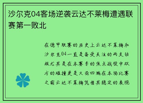 沙尔克04客场逆袭云达不莱梅遭遇联赛第一败北