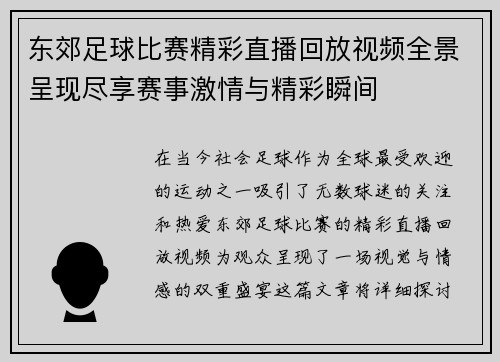 东郊足球比赛精彩直播回放视频全景呈现尽享赛事激情与精彩瞬间